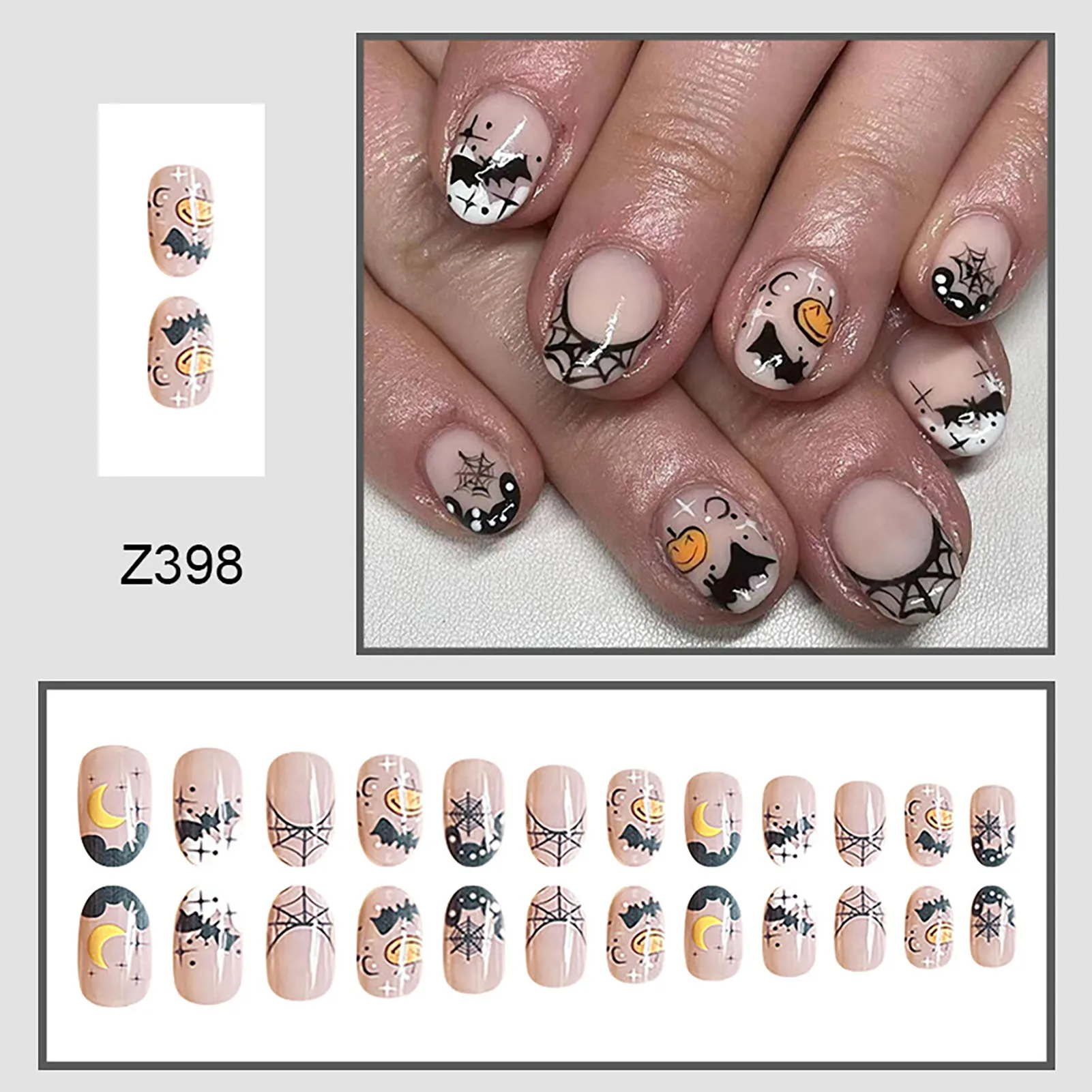 Halloween Cartoon Print Artificial Nail Manicure Arte, Fench Press-on unha, Vestido de saída combinando, 24pcs