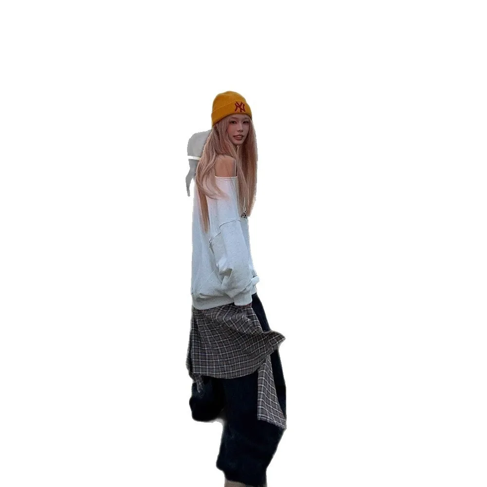 Suéter de mujer 2025, nueva sudadera con hombros descubiertos para mujer, diseño con estampado de estrellas, Top holgado de manga larga dulce y ousado