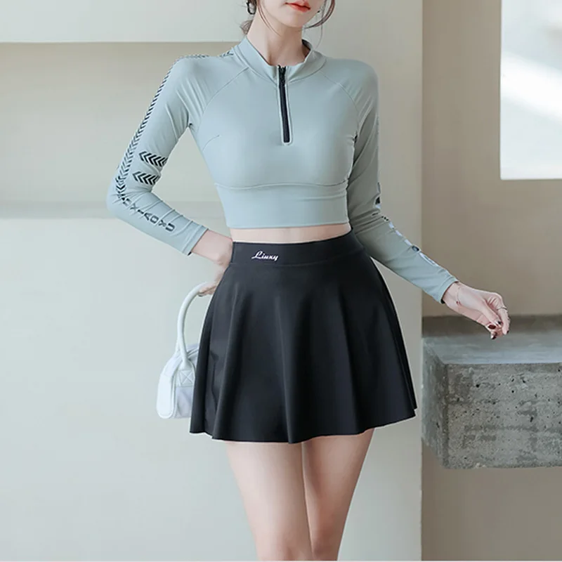 2023 Sporty Stand Neck Zipper Long Sleeved Sun Protection High Waisted Short Skirt Hot Spring Beach Split Conservative Swimsuit