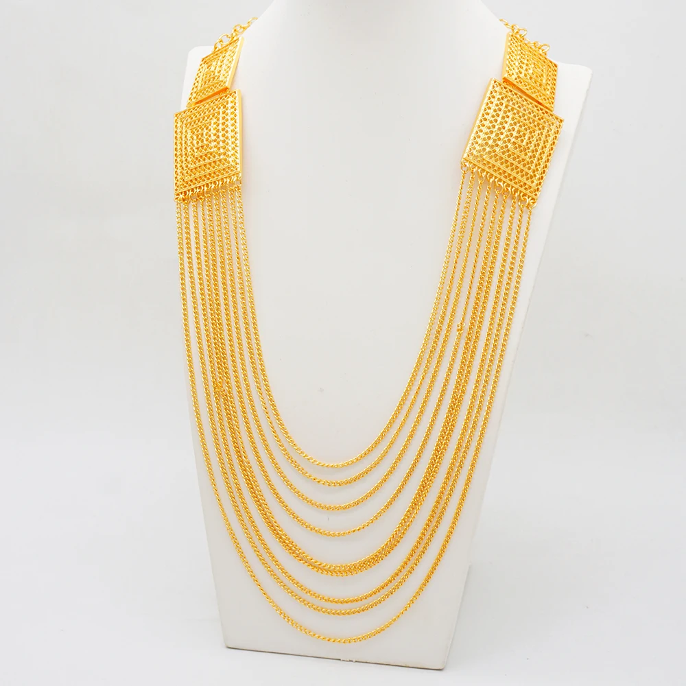Fine Dubai Gold Color Bridal Jewelry Set For Women African India Long Chain Tassels Necklace Bracelet Earrings Ring Sets Gift