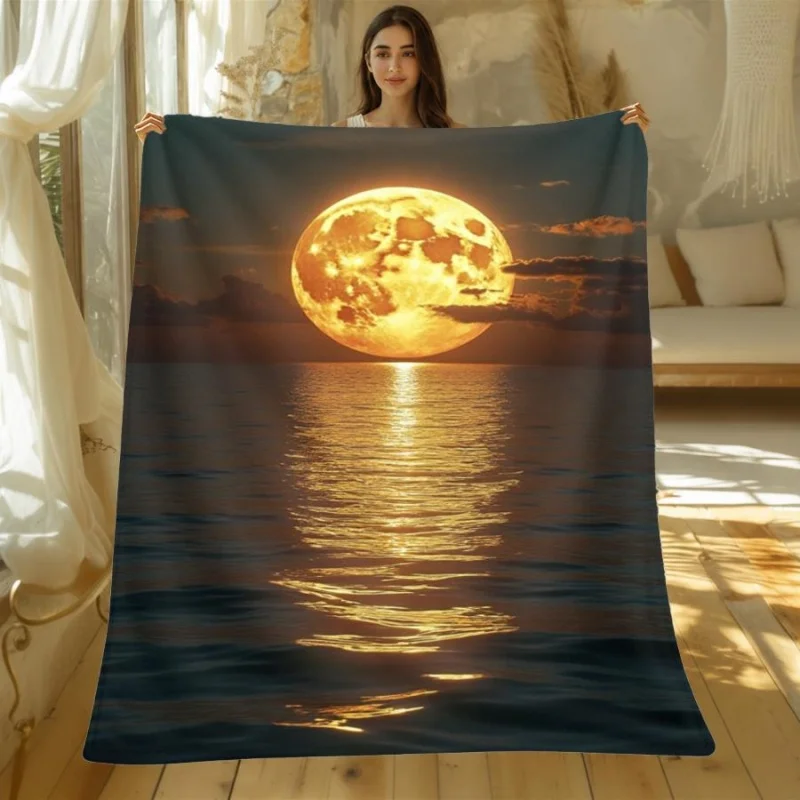 Full Golden Super Moon Ocean Sea Reflection Night Landscape Flannel Blanket,Seascape Moonlight Scenic Blanket for Living Room