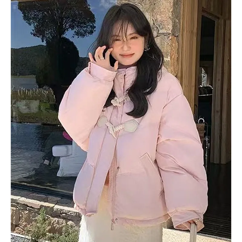 

Korean Female High-end Cotton Padded Jacket 2025 Women Fashion Parkas Outwear Autumn Winter Ladies Horn Button Down Cotton Coat