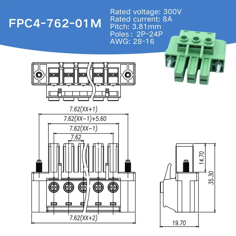 100PIN Pluggable PCB Terminal Block Phoenix 41A 300V Plug KF2EDGSKTM 7.62mm/PC5-STF/5EDGKM Connector With Flange Mounting Ears