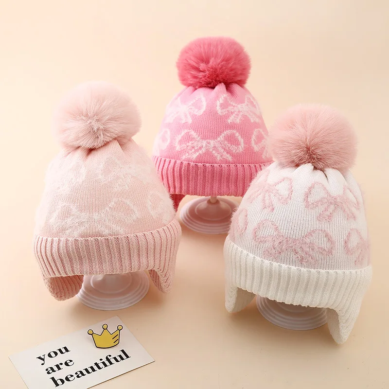 Pink Plush Bow Girls Knitted Hat Pompom Ball Beanie 8-24Month Kids Winter Warm Pullover Cap Velvet Lining Baby Crochet Bonnet