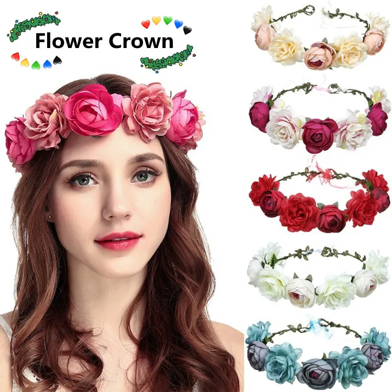 โบฮีเมียดอกไม้ Crown Garland พวงหรีดผมดอกไม้เจ้าสาวแต่งงานผู้หญิงหญิงสาวคริสต์มาสเครื่องประดับผม Tiara หัวชิ้น