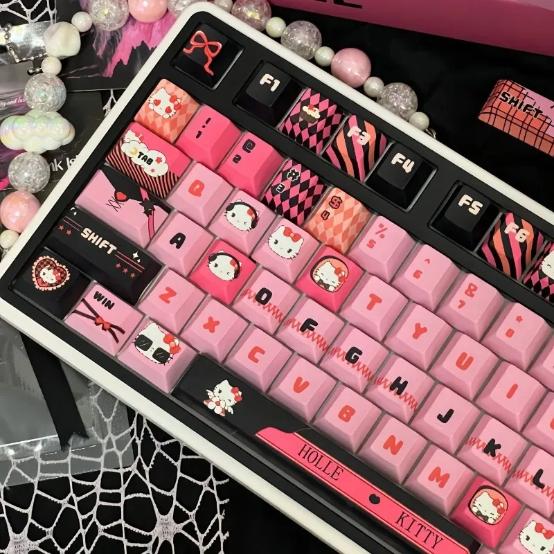 

MOA / CHERRY Height Kawaii Keyscaps for Mechanical Keyboard Pink Black Hello Kitty Theme Keycaps PBT Material Keycap Girls Gift