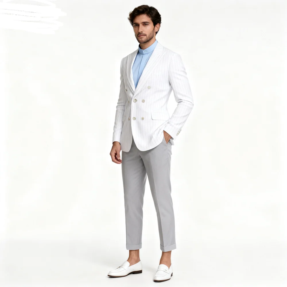 

Branco_preto listrado blazer masculino único breasted pico lapela listrado terno jaqueta casual fino ajuste jaqueta de casamento