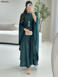 Siskakia Fashion Solid Satin Casual Batwing Sleeve Party Saudi Women Dresses Muslim Ramadan Jalabiya Kabaya Moroccan Arab Robe