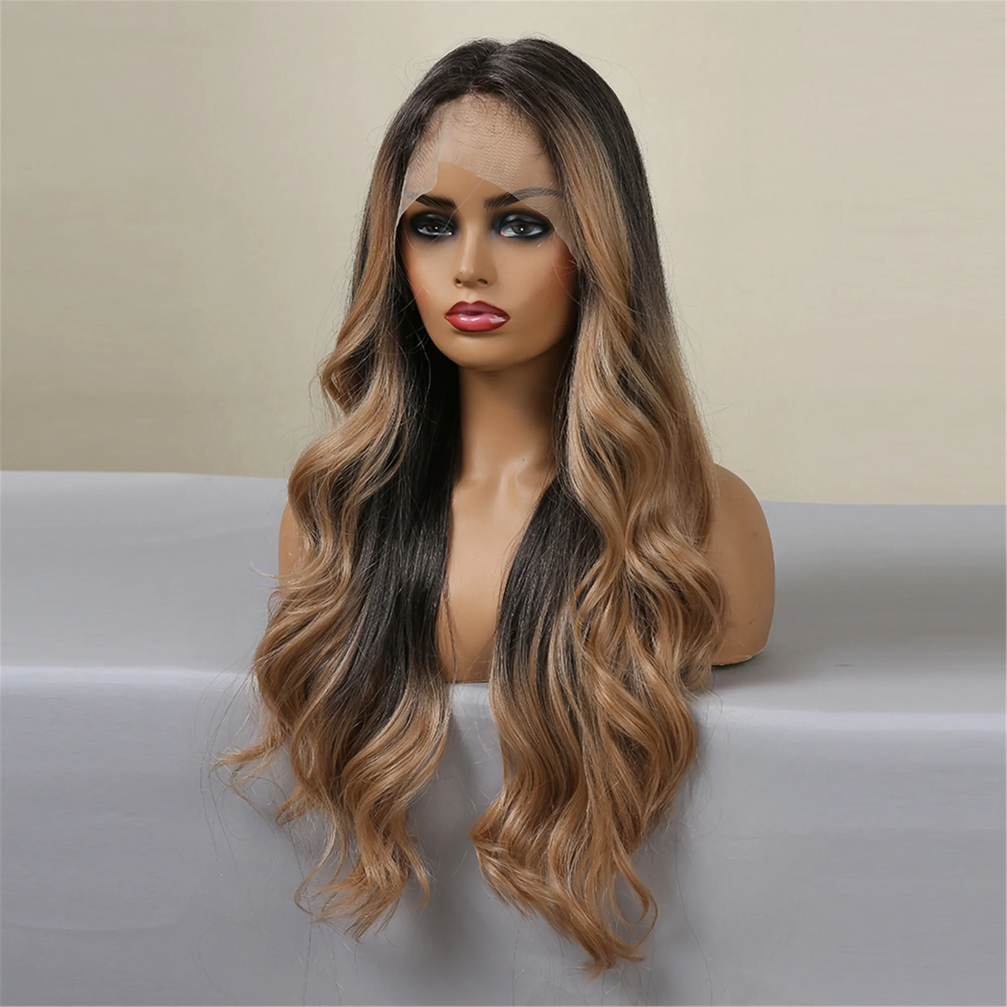 ALAN EATON Long Body Wave Synthetic Lace Front Wigs for Women Afro Brown Ombre to Blonde T Part Lace Wig Colored Highlight Hair