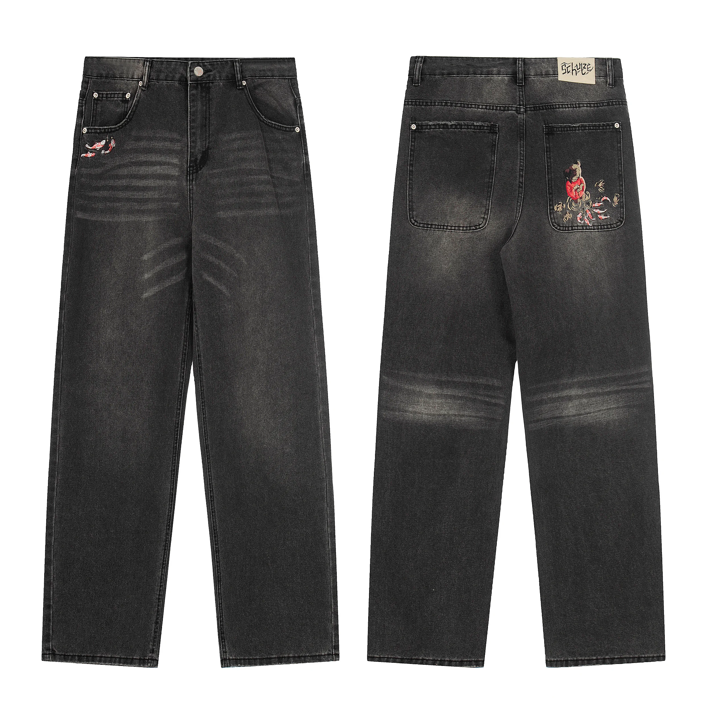 

Мужские повседневные джинсы из хлопка с вышивкой в стиле аниме, широкие прямые брюки с высокой талией, уличный стиль