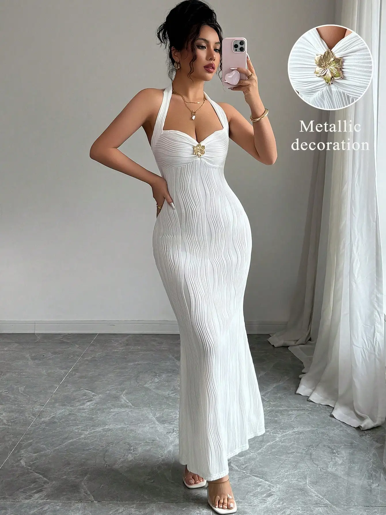 

Women's White Pleated Halter Neck Maxi Dress with Metallic Floral Accent