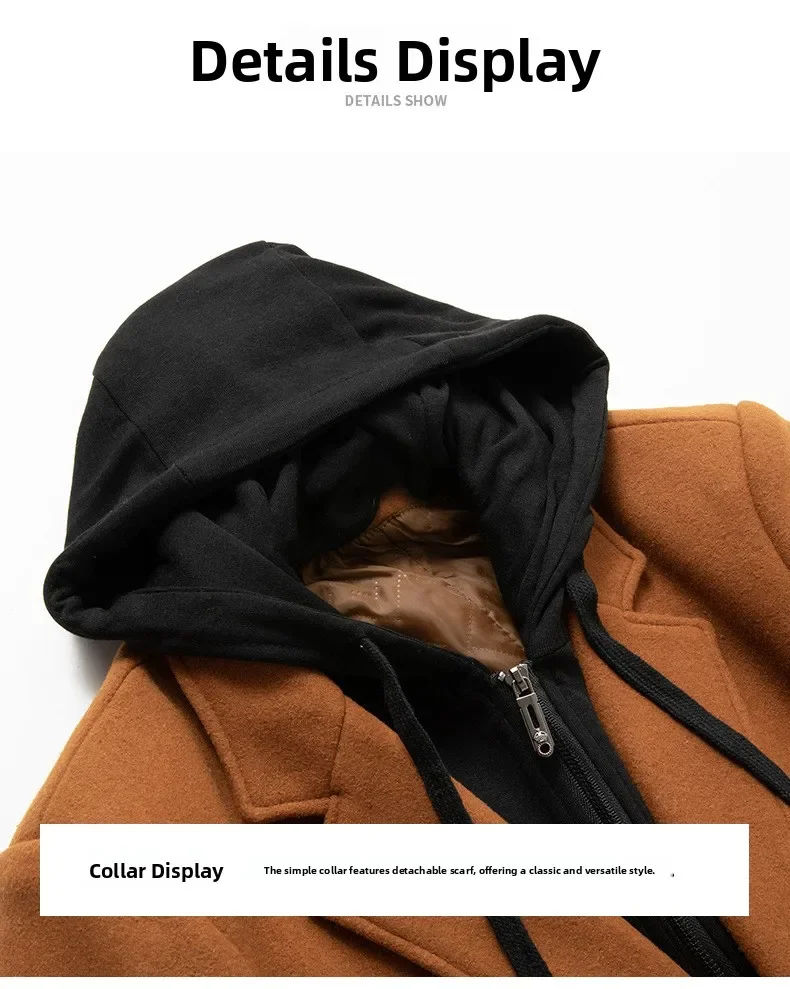 

Autumn Winter Men's Wool Trench Coat Fashion Hooded Warm Long Woollen Coats Business Casual Turn Down Collar Woolen Blend Men