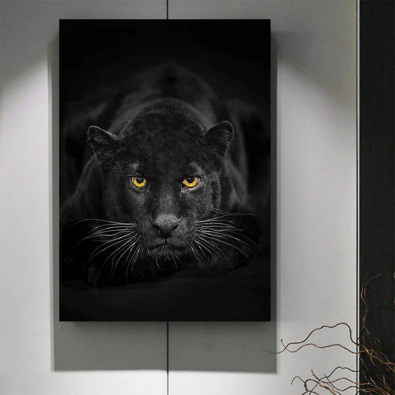 Cool Black Panther Wild Animal Staring Canvas Painting Wall Art Wild Cats Jaguar Pictures Posters for Living Room Decoration