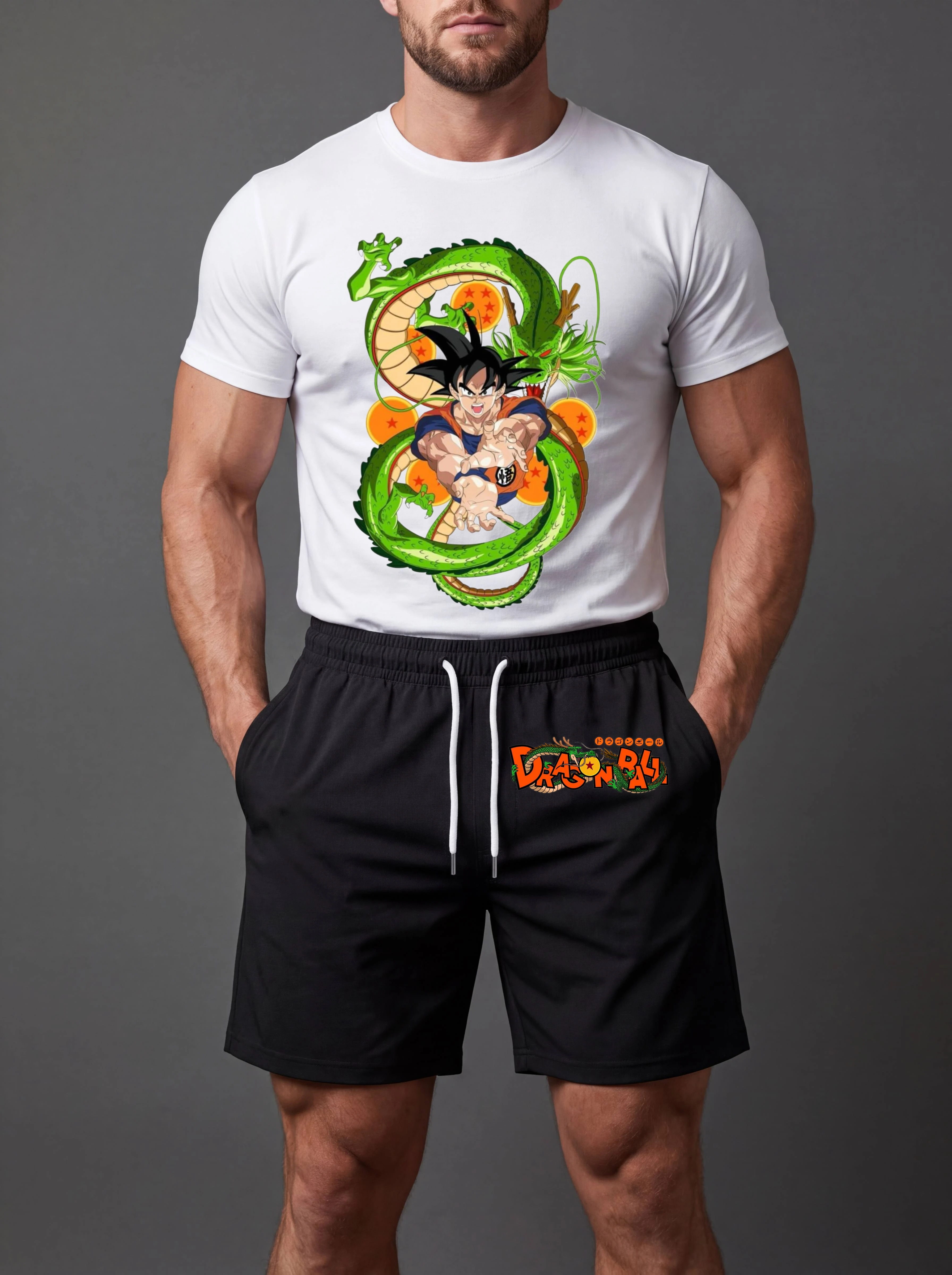 

Летний мужской комплект 2026: футболка и шорты с принтом Dragon Ball (Сон Гоку, Шенрон, Оранжевые шары), высококачественная мягкая ткань для фитнеса и повседневной носки