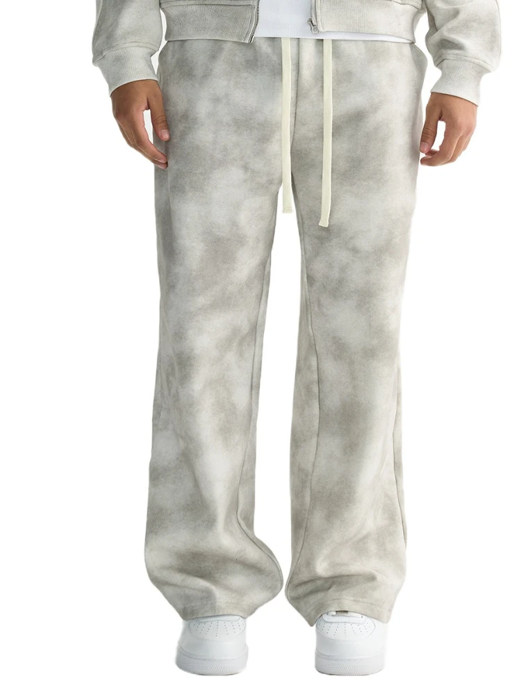 بنطال رياضي رجالي ملابس الشارع رمادي التعادل صبغ الصوف الثقيل الرباط فضفاض صالح مستقيم الساق عادية ريترو الخريف الشتاء الاتجاه الزي #5