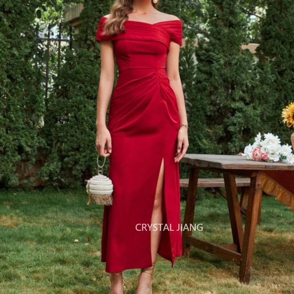 

Classy Short Red Off the Shoulder Satinفستان سهرة Evening Dresses Short Sleeves with Slit Mermaid Tea Length for Women