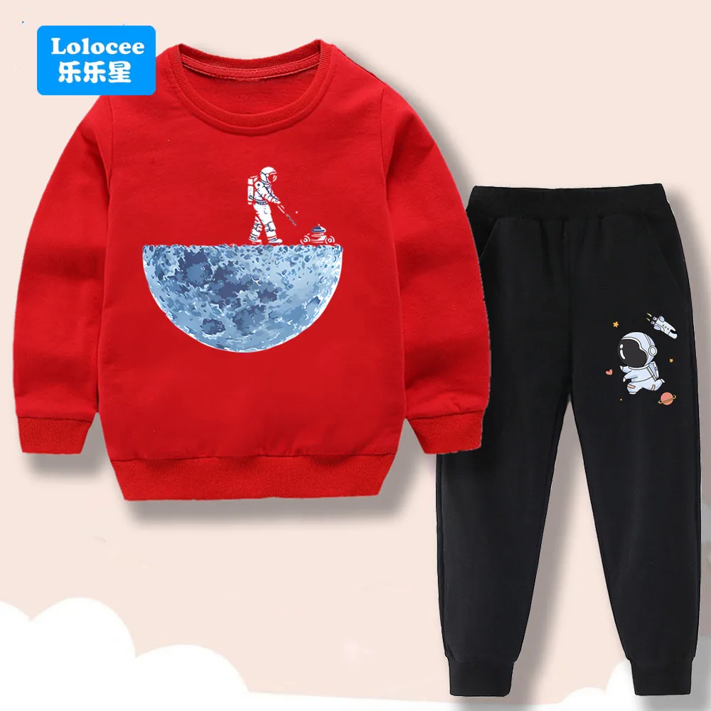 Boys Space Astronaut Moon Print 2‑Pcs Outfit Crew Neck Sweatshirt + Jogger Pants Kids Casual Sport Tracksuit Set Size 110‑160