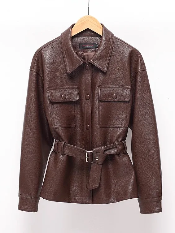 Women's ort eepskin Leather Jaet Slimming Waist Design Spring 2025 Faion New Sle Comfortable Fit Long Sve Coat