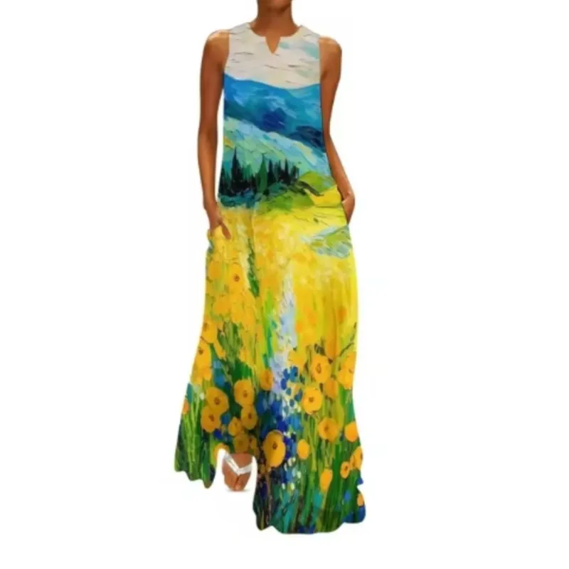 Summer new women's V-neck sleeveless top dress elegant and sexy style oil painting printed pattern fashionable dress for women