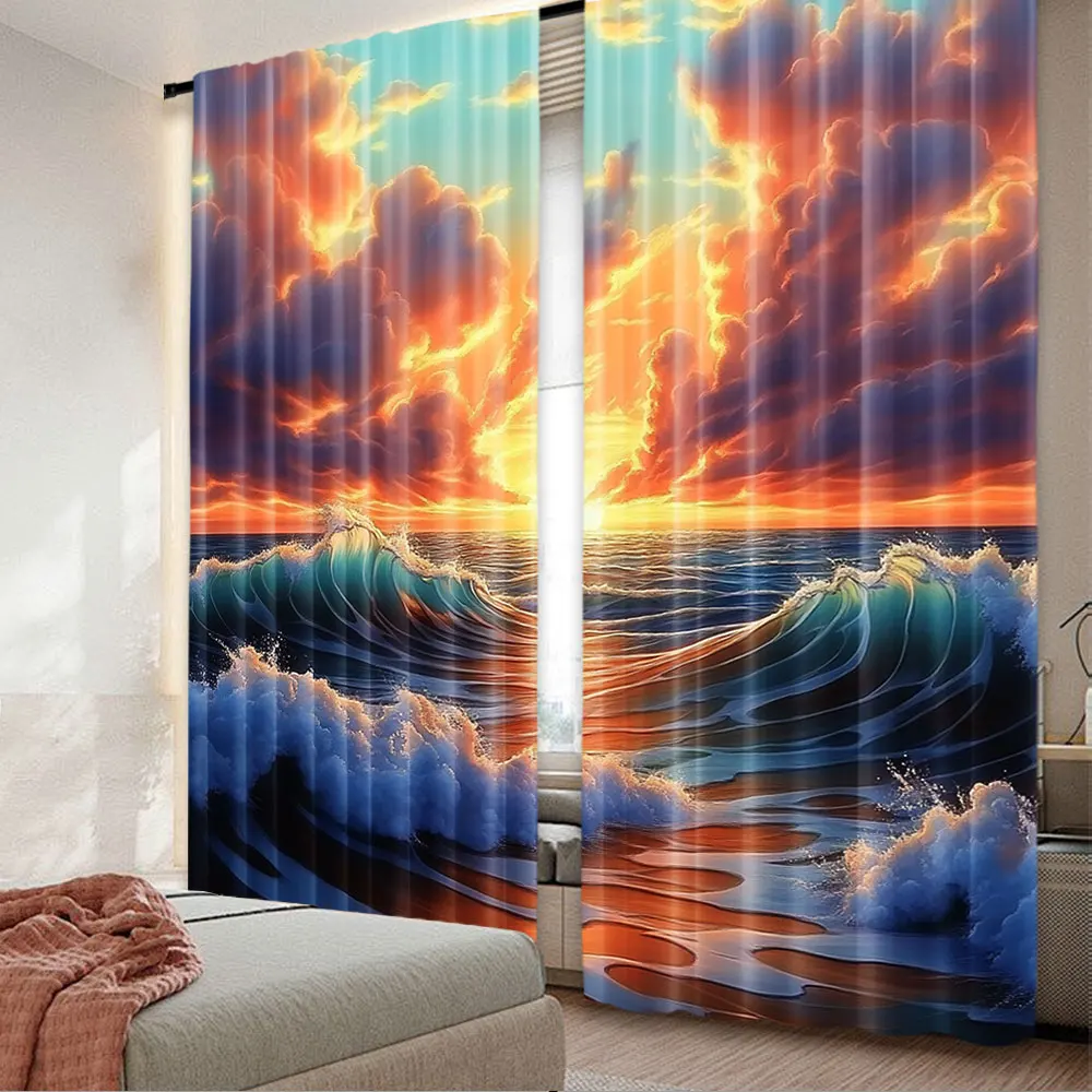 

2Pcs Ocean Sunset Scenery Curtains Personalized Curtainsocean Waves Orange Sunset Orange Cloud Curtains