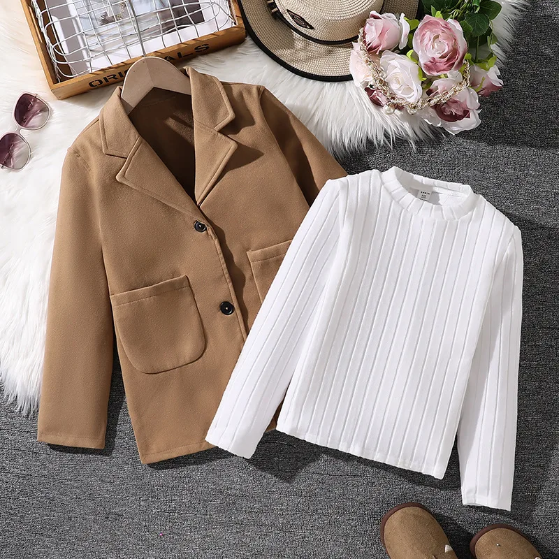 

Kids 2Pcs Outfit Spring Autumn New Casual Korean Style Knit Top + Single Breasted Long Sleeve Woolen Blazer for Boys Girls