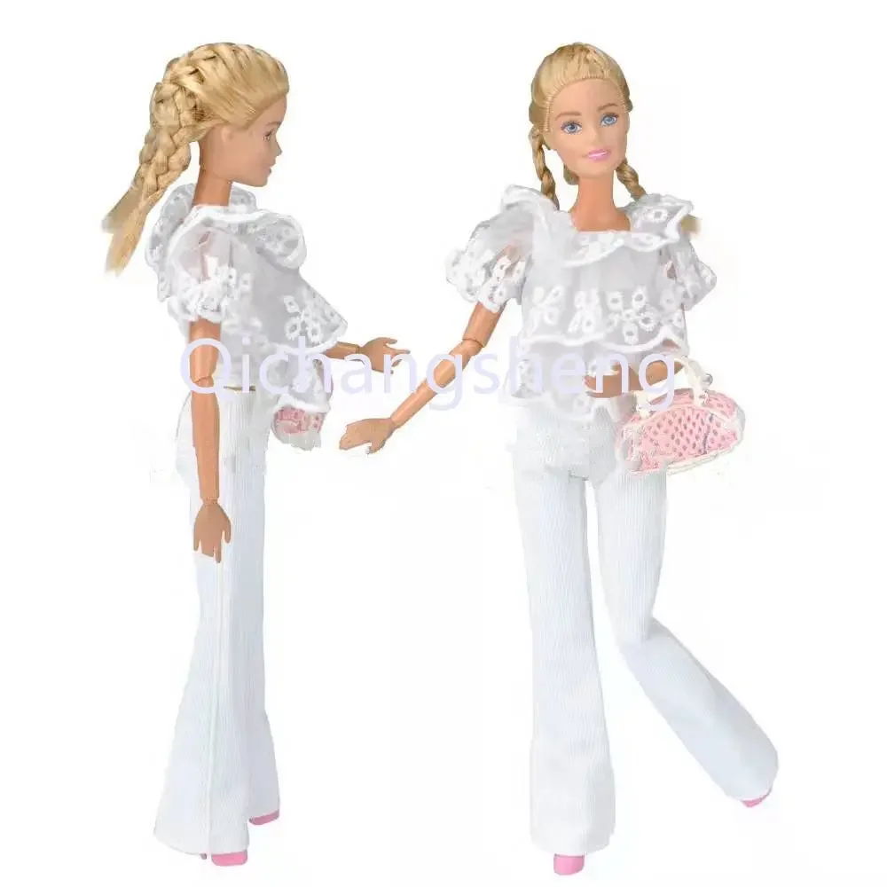 คลาสสิกสีขาว Multi Ruffle Top กางเกง1/6 BJD ตุ๊กตาเสื้อผ้าสำหรับตุ๊กตาบาร์บี้เสื้อผ้าชุดเสื้อและกางเกงและรองเท้าและกระเป๋าอุปกรณ์เสริม