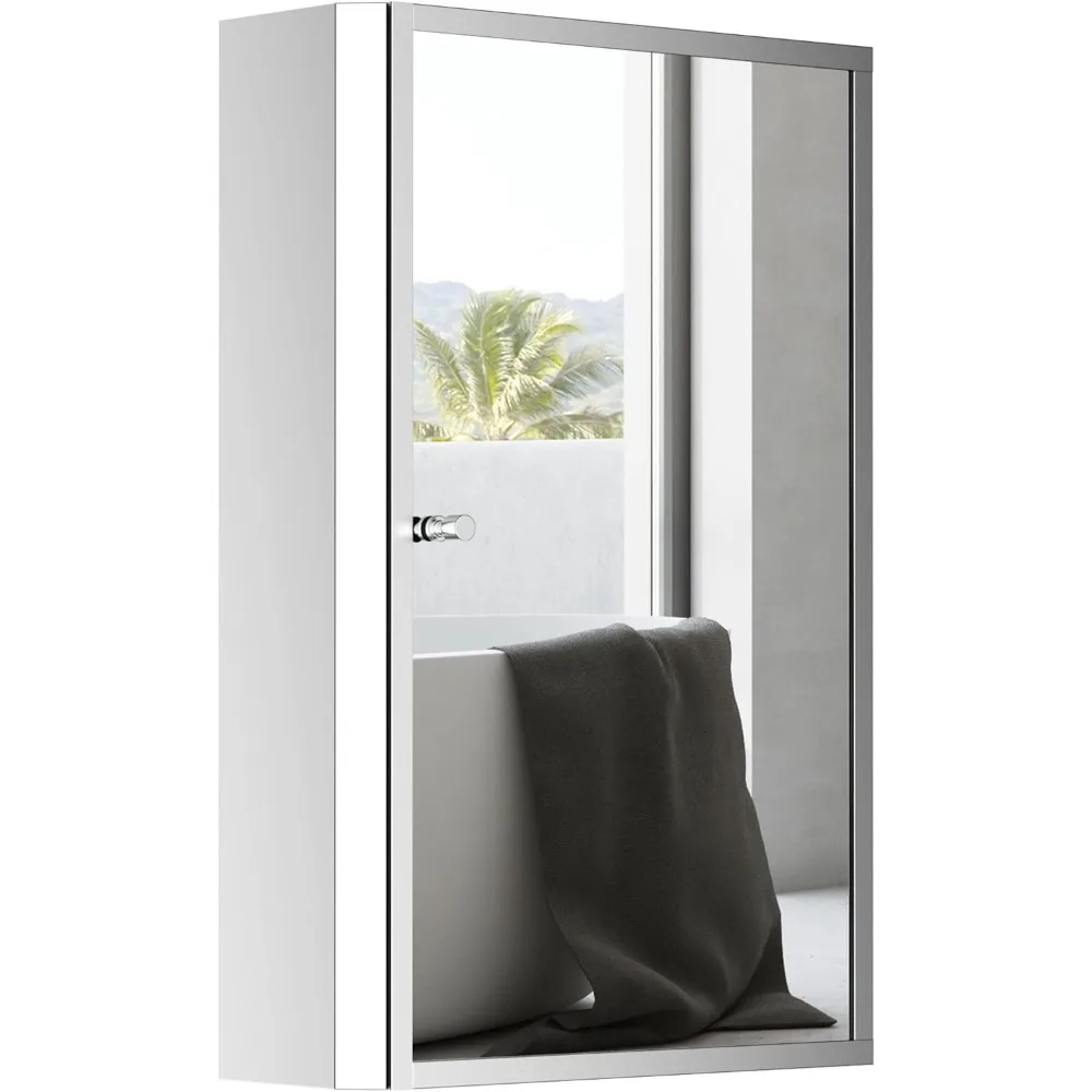 

Bathroom Mirrored Cabinet, Vertical 16" x 24" Stainless Steel Frame Medicine Cabinet, Wall-Mounted Storage Organizer