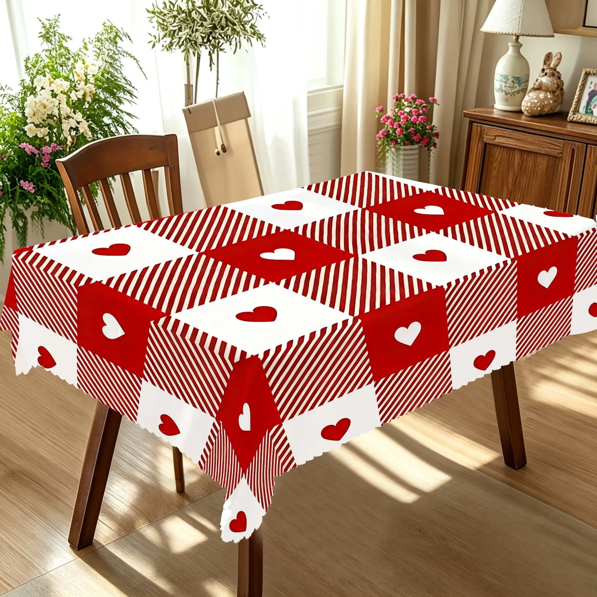 One polyester fabric heart-shaped checkered tablecloth with digital print design, featuring red and white check patterns.
