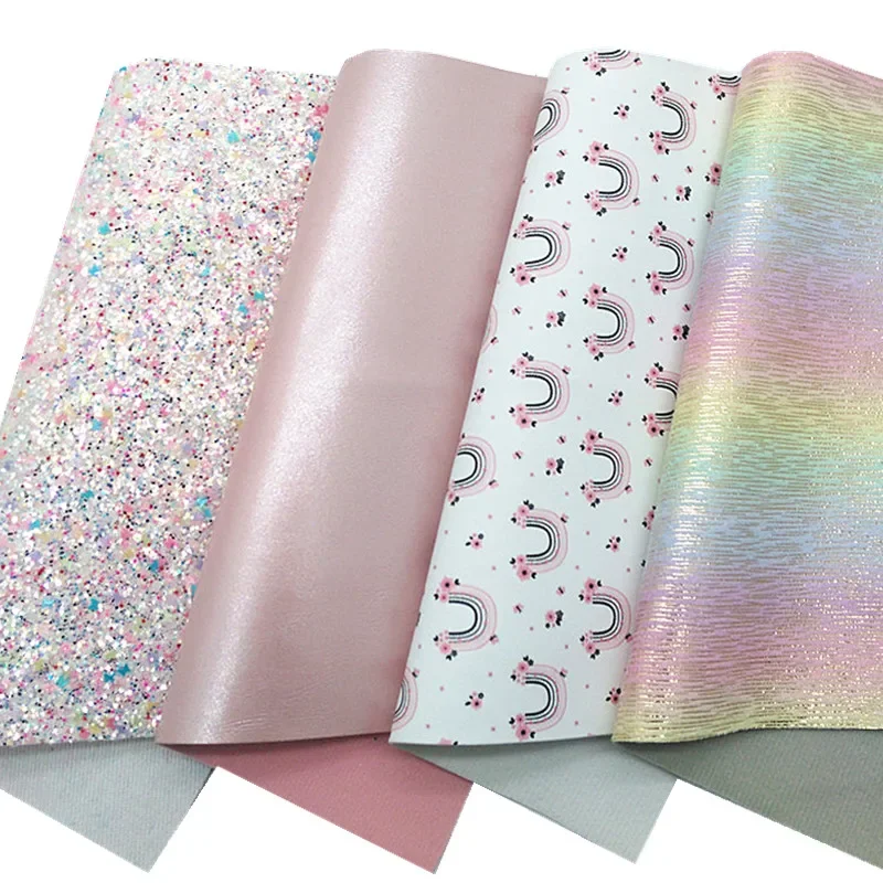 Pink Chunky Glitter Leather Rainbow Printed Synthetic Leather Rainbow Velvet Fabric Vinyl Leather Sheets For Bows 21x29CM Q885