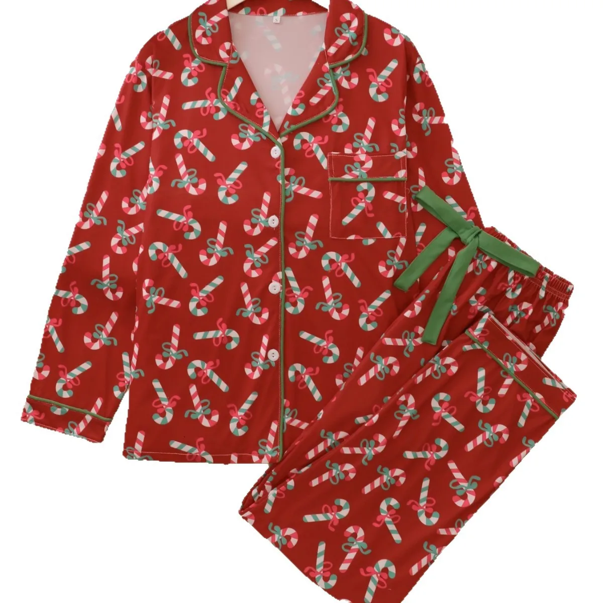Women's  Christmas Printed Pajama Set - Open Front Collar Long Sleeve Pants, Cozy Fleece Loungewear for European Americ