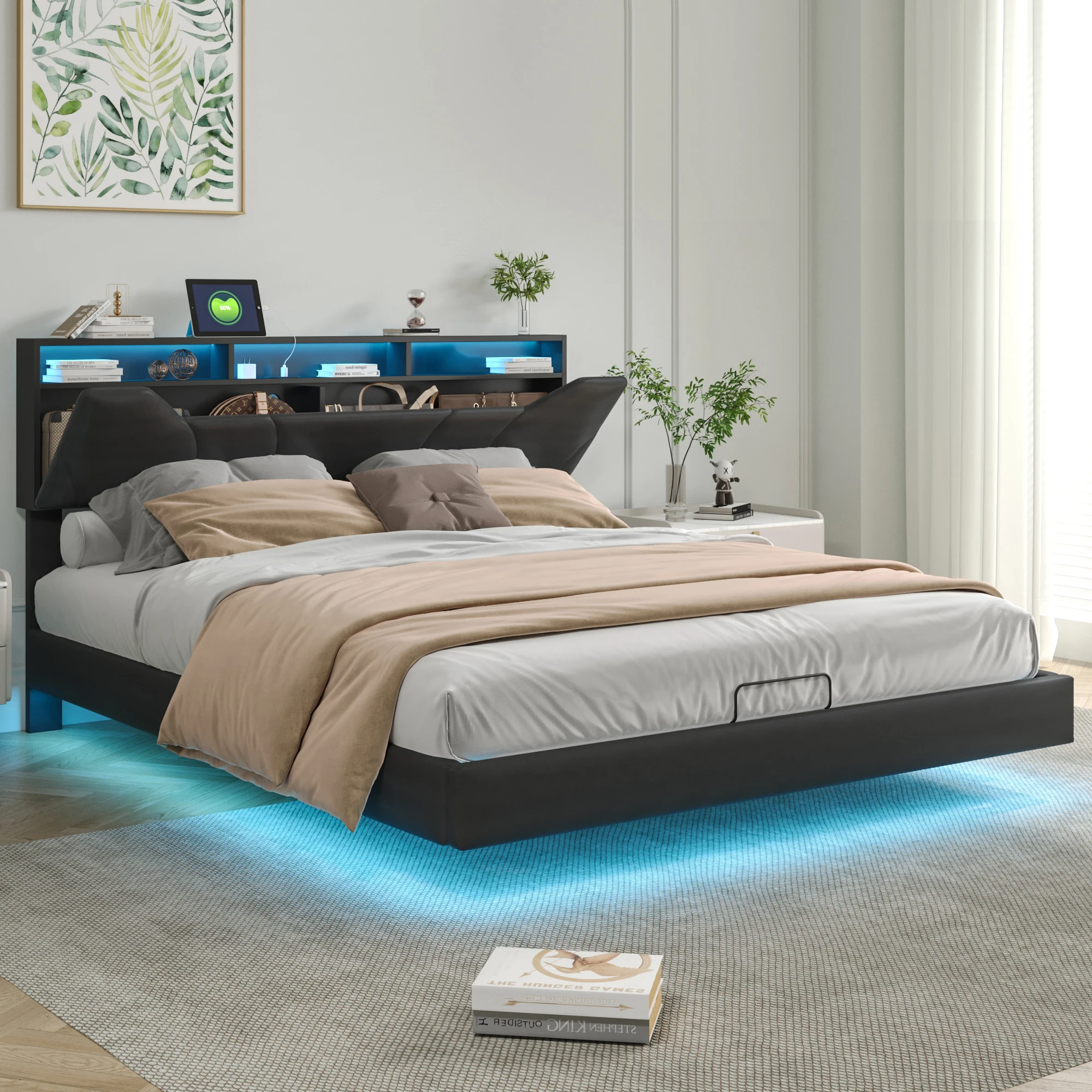 Cama Tapizada Fangange de 140x200 cm con Iluminación LED USB, Cama con Almacenamiento y Efecto Flotante, Cama Doble con Cabecera con Almacenamiento