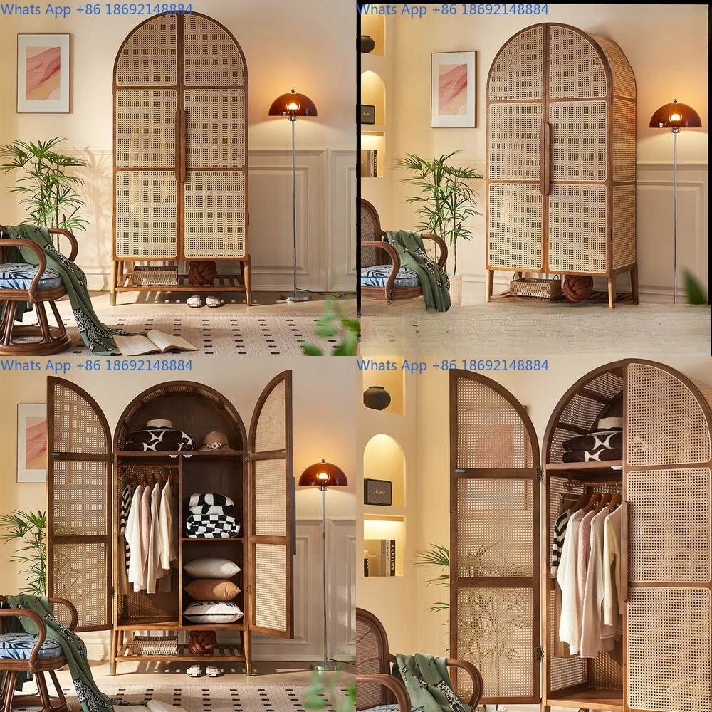 

Wabi Sabi Style Woven Artistic Wardrobe Modern Simple Solid Wood Closet Multi Functional Bedroom Cabinet