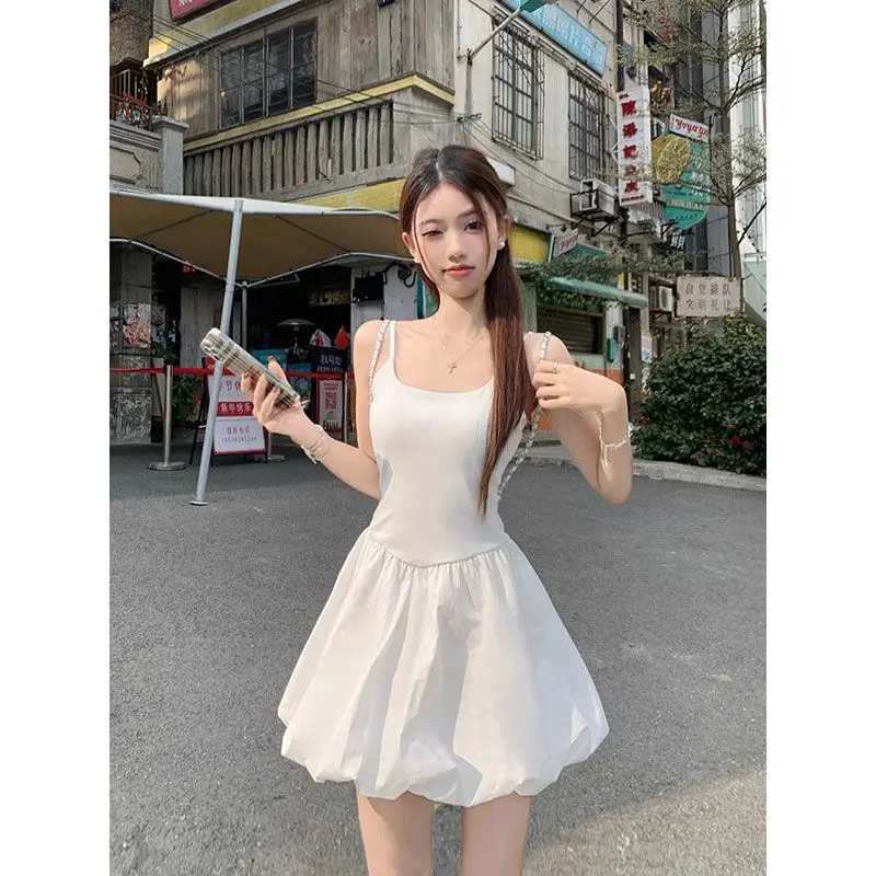 Vestido Lencero Blanco Suave para Mujer, Novedad Verano 2026, Falda Ajustada Estilizadora con Cuello Redondo y Espalda Descubierta, Corte en A
