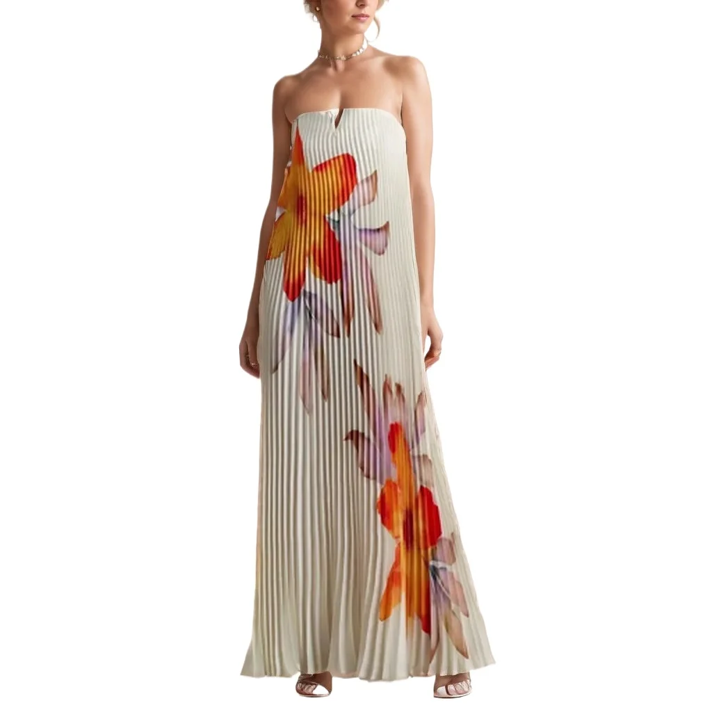 

Print Flowers Tube Top Loose Pleated Long Formal Evening Party Dress White