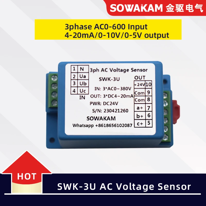 Imagem -02 - Sensor Transmissor de Tensão Fonte de Alimentação Transdutor de Fios Fios ca 0600v Saída 420ma dc 12v 24v 220v Swk3u-voltage