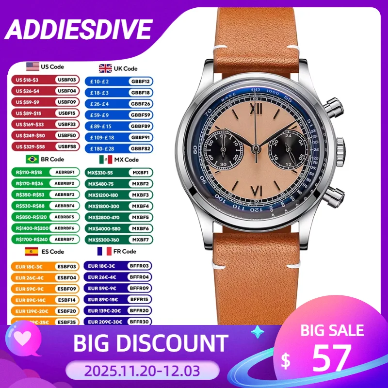 ADDIESDIVE AD2037 Men Quartz Watch Multifunctional 24 Hour Chronograph Black Dial Leather Watches  100m Dive Business Wristwatch