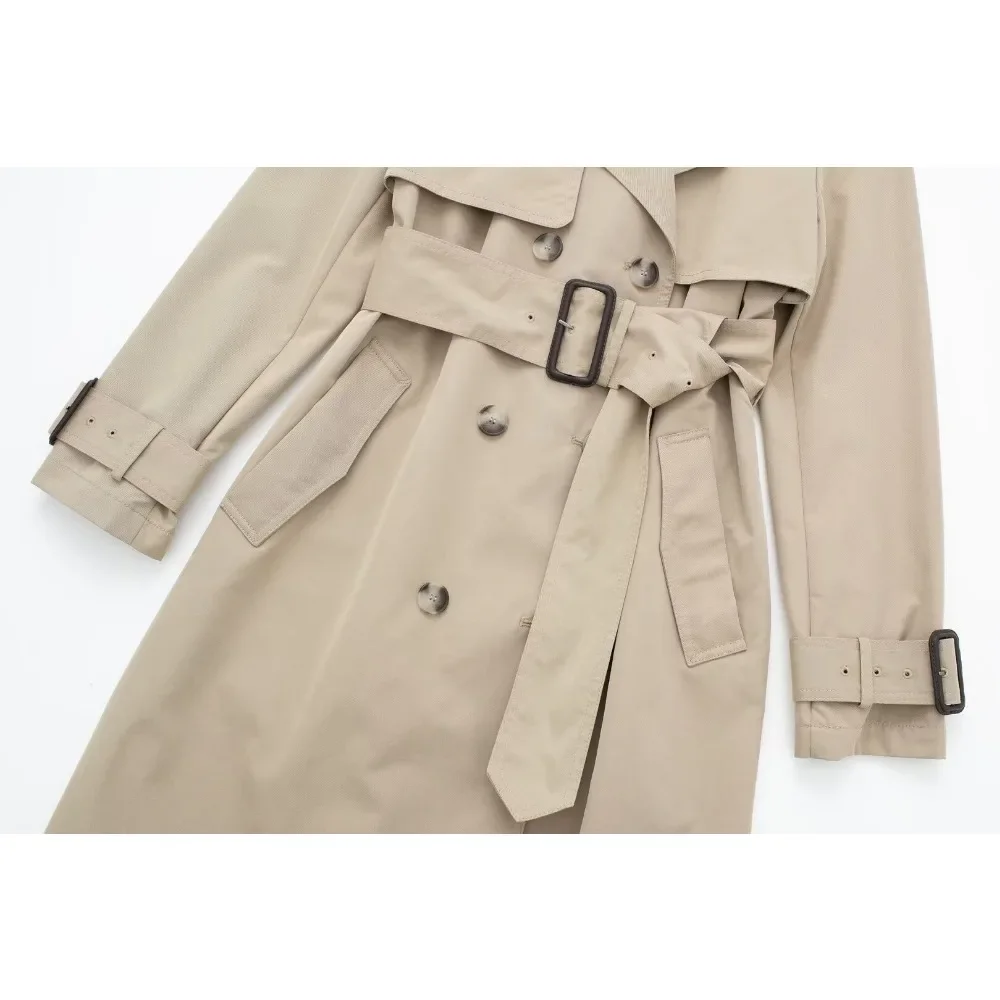 Fashion Women Long Trench Coat with Epaulettes Vintage Double Breasted Buttons Streetwear Mujer Coat with Adjustable Tonal Belt