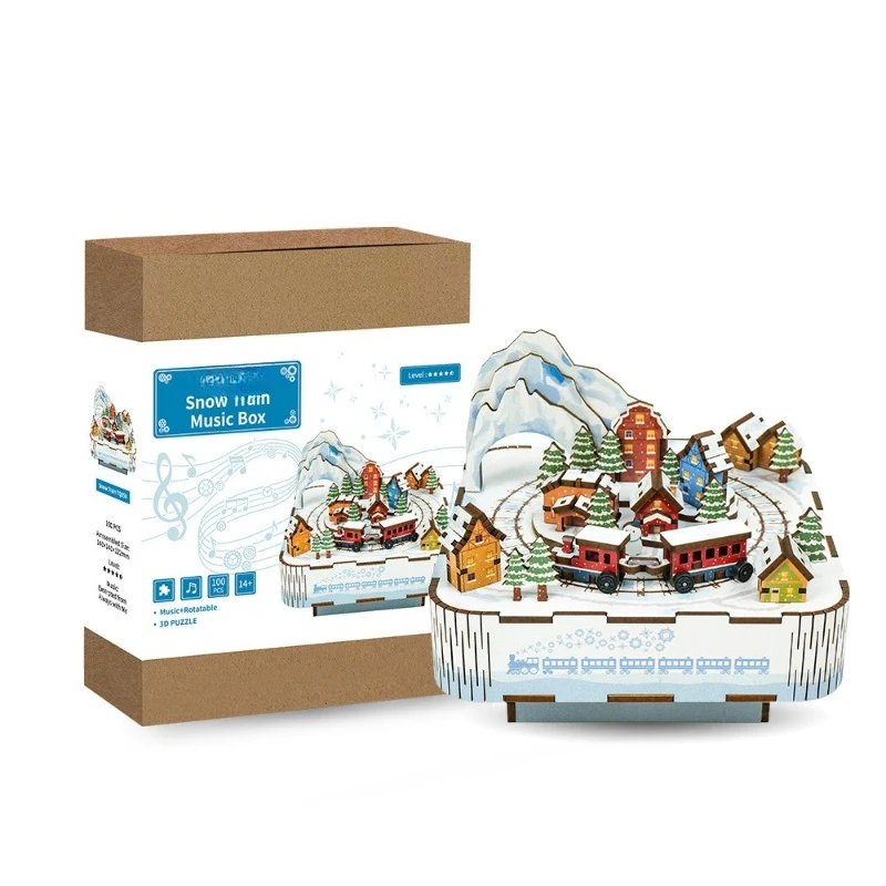 

Music box snow Christmas gift hand-assembled wooden creative ornament