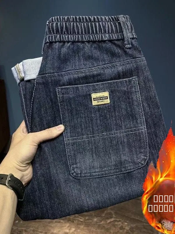 

Мужские джинсы American Style с флисовой подкладкой, прямые, утепленные, повседневные брюки, осенне-зимние, свободного кроя, с вышивкой, вельветовые, с завязками на талии