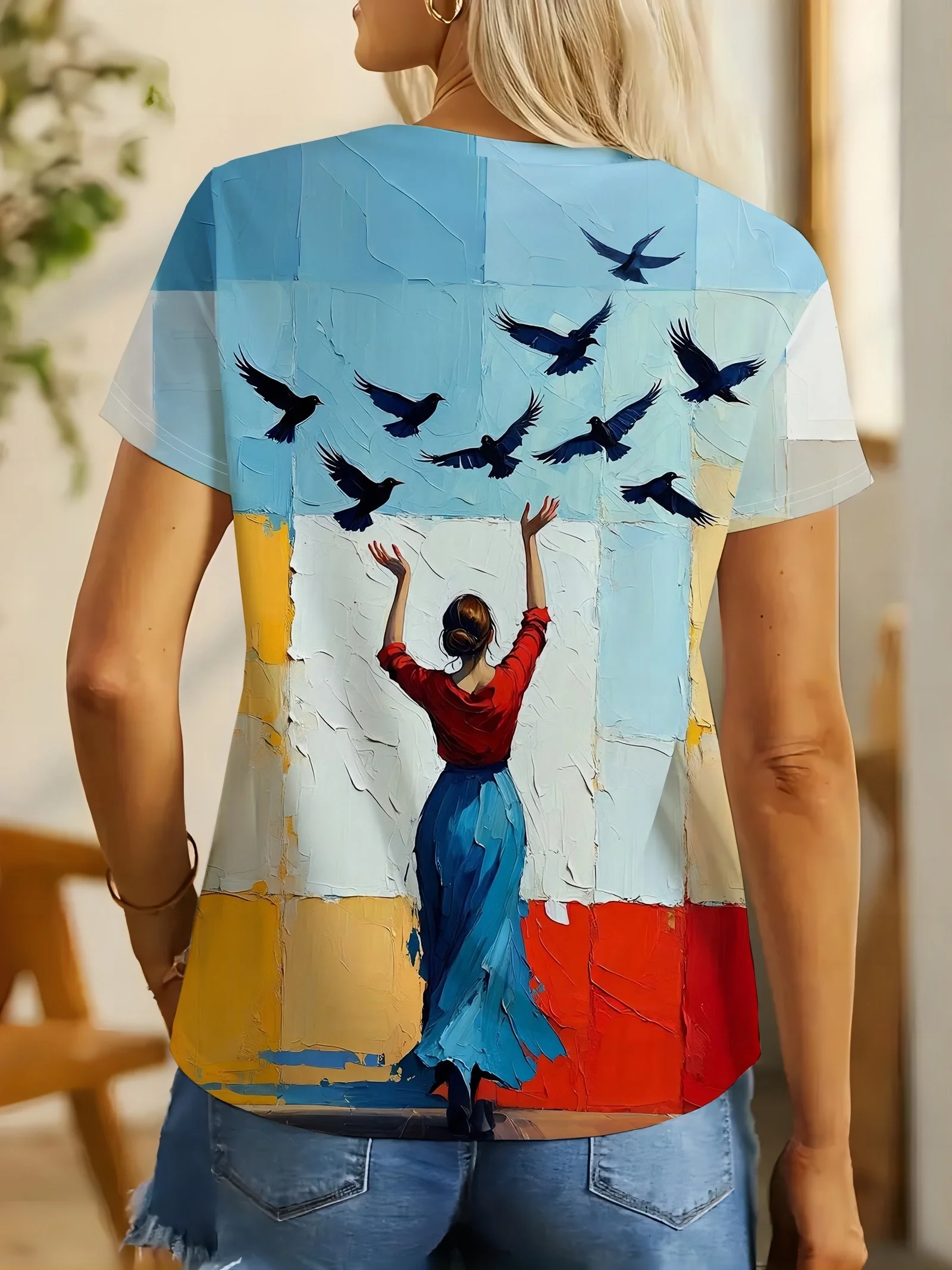 Women T‑shirt O‑neck Short Sleeve Tee Top Figure Bird Art Graphic Print Casual Summer Daily Wear Women's Clothes