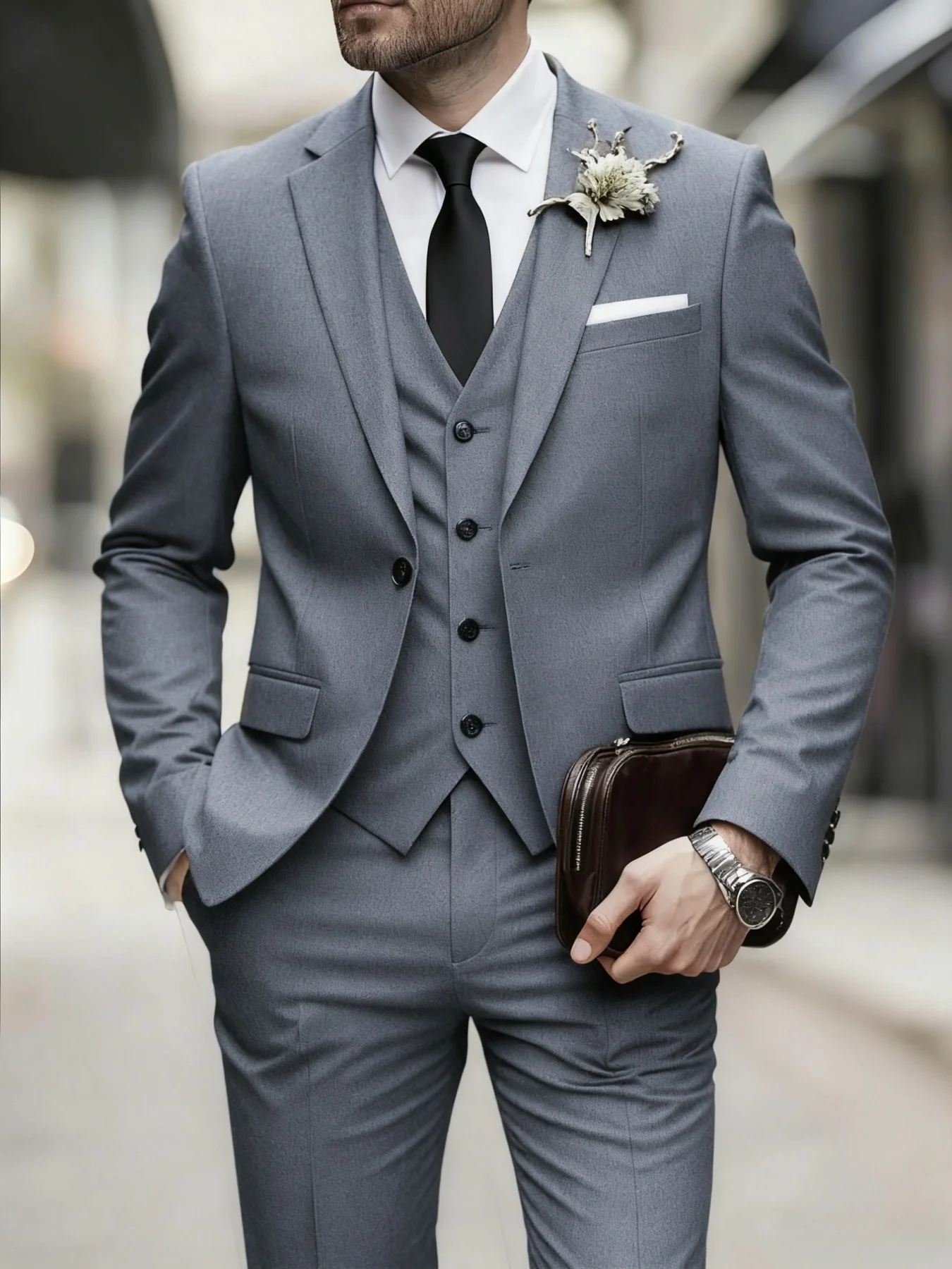 

【Men's Suit】Men's 3pcs Wool Blend Slim-Fit Suit - Notch Lapel Jacket & Trousers for Groom Wedding & Business Events