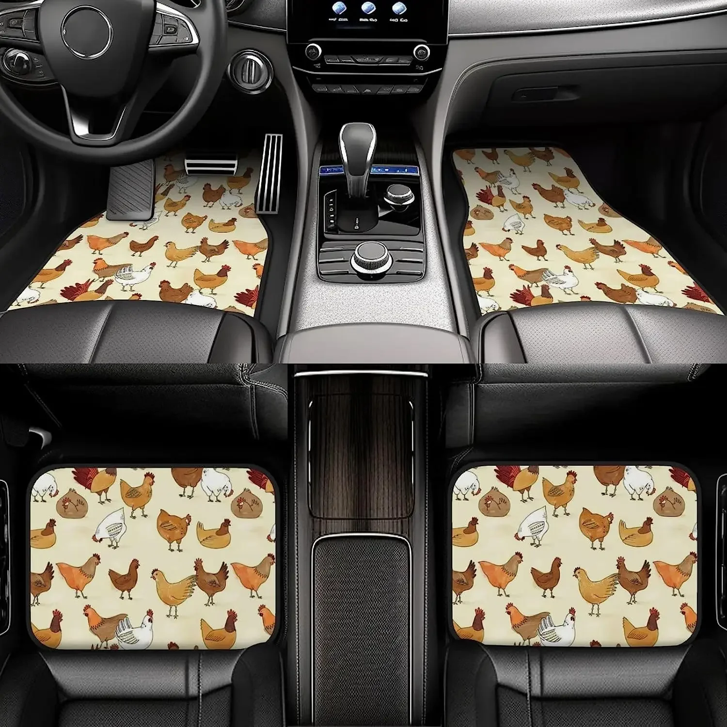 Yellow and White Chicken Pattern Car Floor Mats for Truck 4 Pieces Front Rear Vehicle Floor Carpets Non Slip Car Accessories