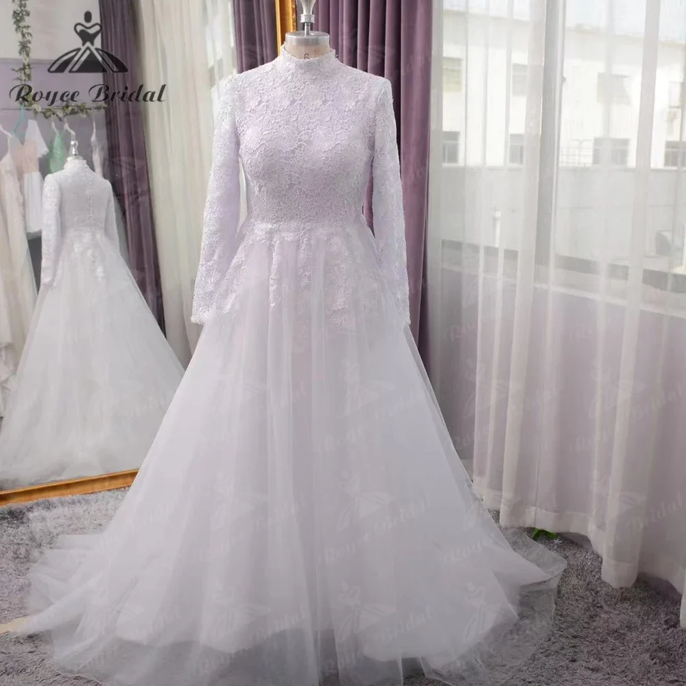 Roycebridal 우아한 긴 소매 보호 웨딩 드레스 탑 레이스 얇은 명주 그물 A 라인 신부 가운, 하이넥 신부 원피스