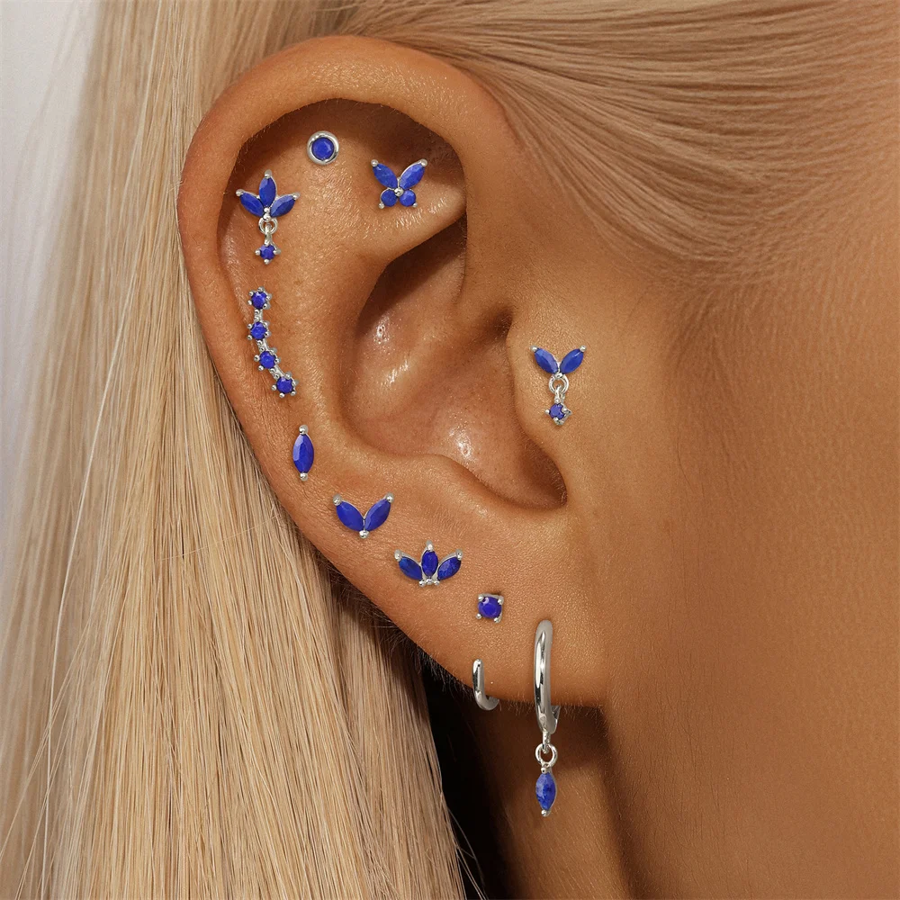 CANNER 1PC 925 Sterling Silver Horse Eye Lazurite Flat Head Thread Piercing Stud Earring For Women Butterfly Flowers Earring New - view 6