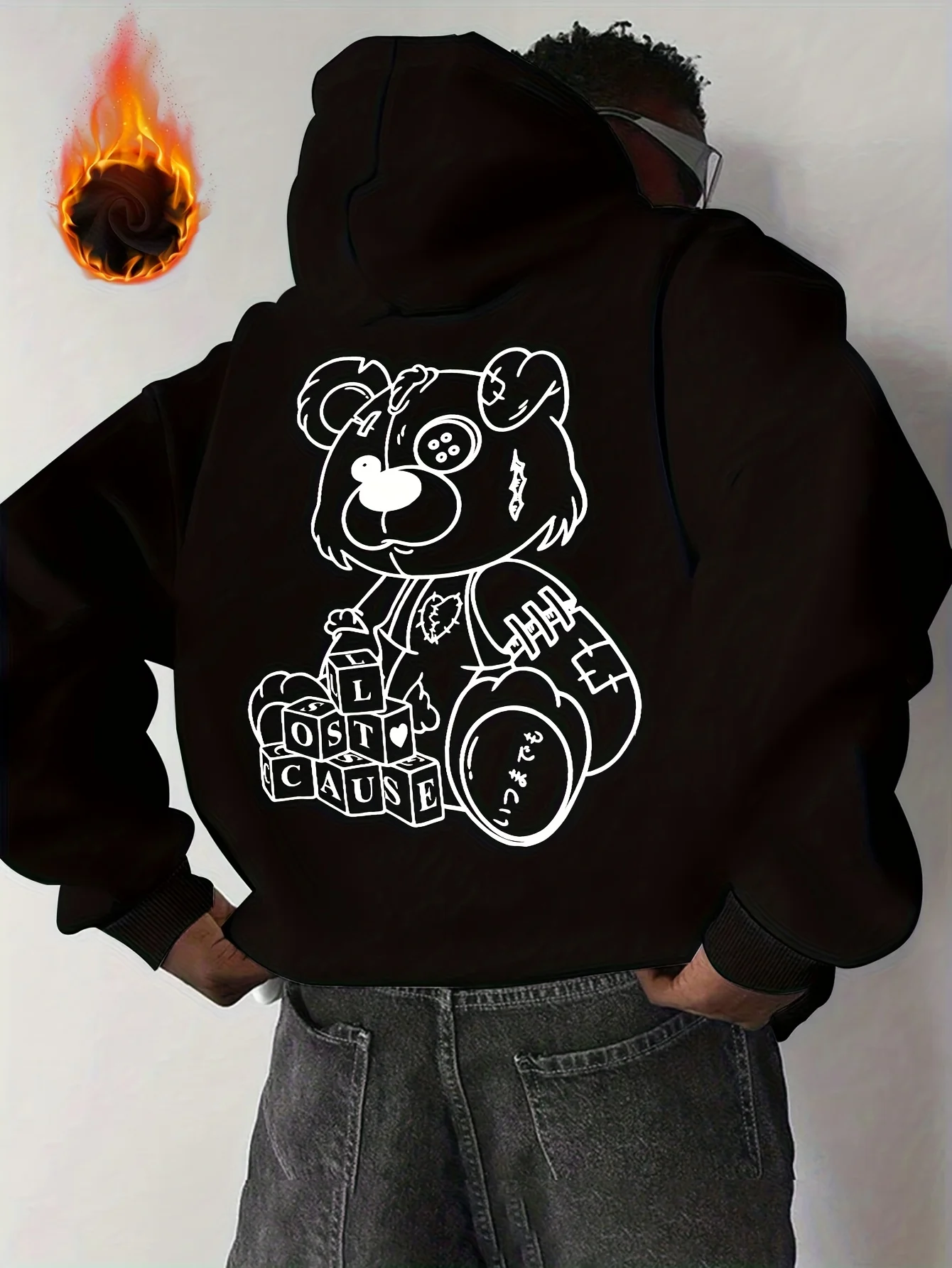 Men Sport Hip Hop Hoodie, Cartoon Stitched Bear Graphic Streetwear, Russian Size Fleece Lined Pullover Sweatshirt for Men