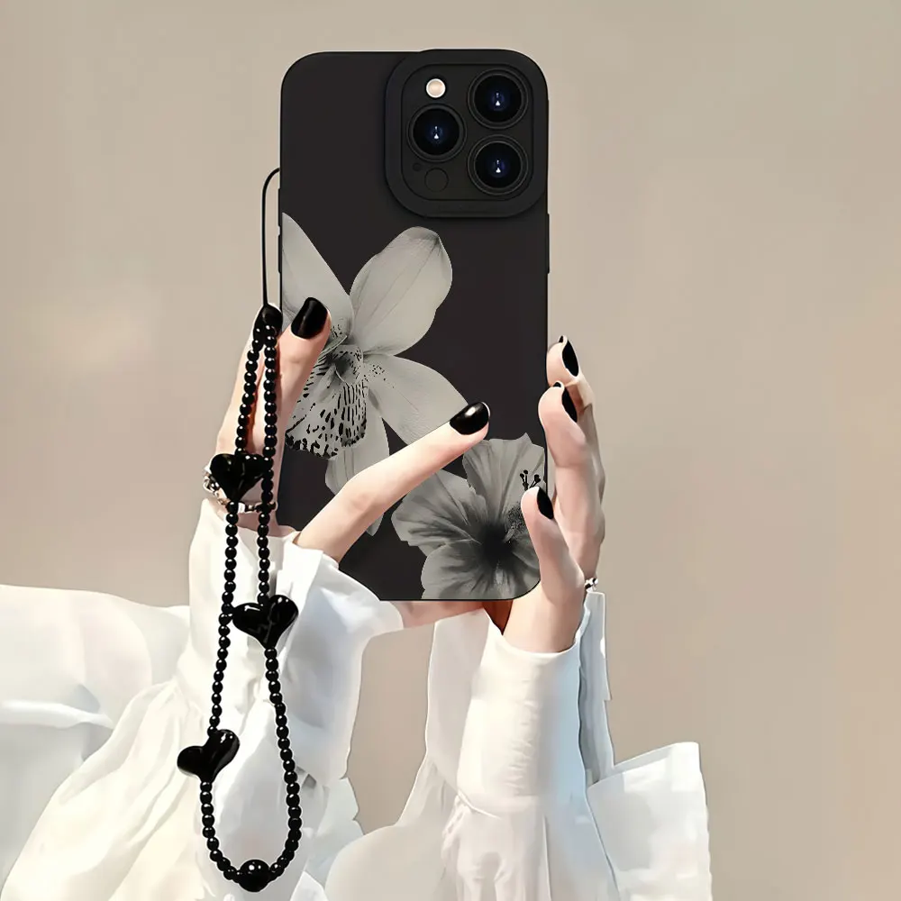 Coque de protection TPU pour iPhone 17 Pro Max 16 15 14 13 12 11 XS XR 16 14 15 Plus 17E avec sangle INS White Lily Housse souple