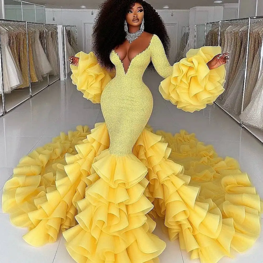 

Puffy Flare Sleeves Evening Dresses Plus Size V neck Mermaid Mermaid Layered Prom Gowns Yellow Plus Size Long Tulle Prom Dress