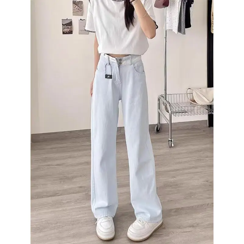 Women's Light Blue High Waist Wide Leg Jeans, Double Waistband Baggy Straight Denim Pants, Casual Summer Trousers