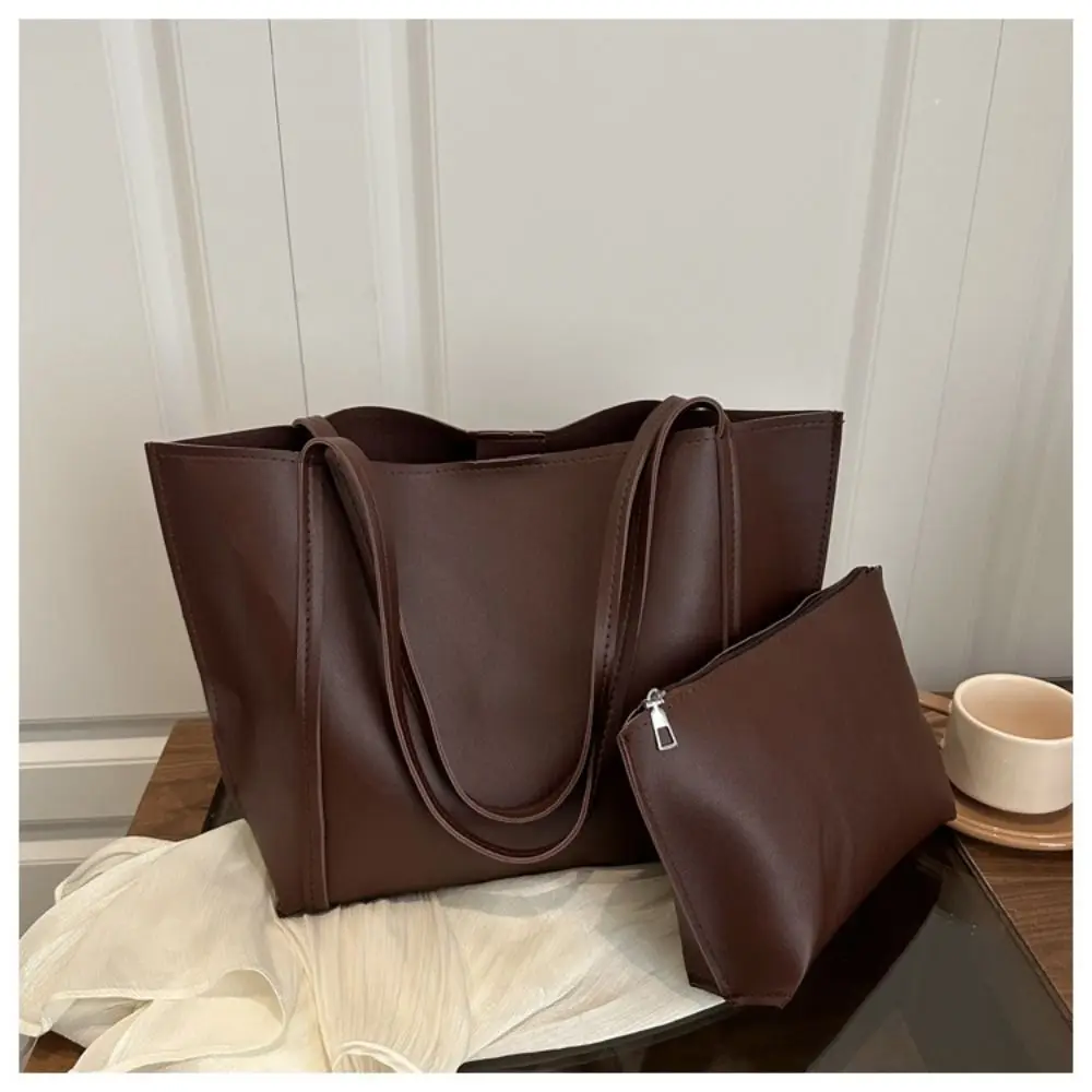 2 Pcs Set PU Leather Fashion Shoulder Bag Solid Color Large Capacity Travel Handbag Magnetic Closure PU Leather Tote Travel
