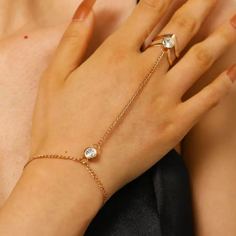 Gold Big Crystal Ring Bracelet Women Attractive Wrist Chain Jewelry Trendy Hand Back Chain for Graduation and Photoshoot